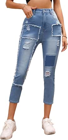 TACSTRUN Women's Ripped Capri Jeans - High Waist Skinny Cropped Denim, 89% Cotton