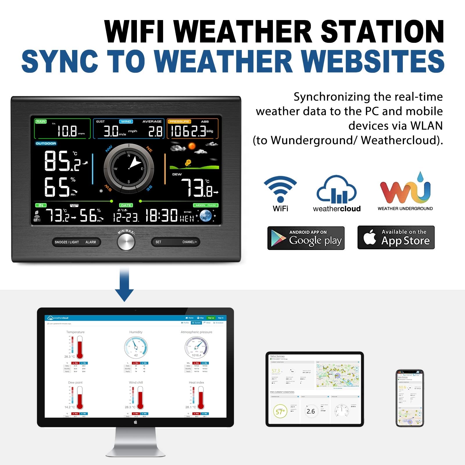 MRKU Estación meteorológica WiFi, Estaciones meteorológicas domésticas con pluviómetro, Velocidad del Viento, barómetro, Fase Lunar, termómetro para Interiores y Exteriores