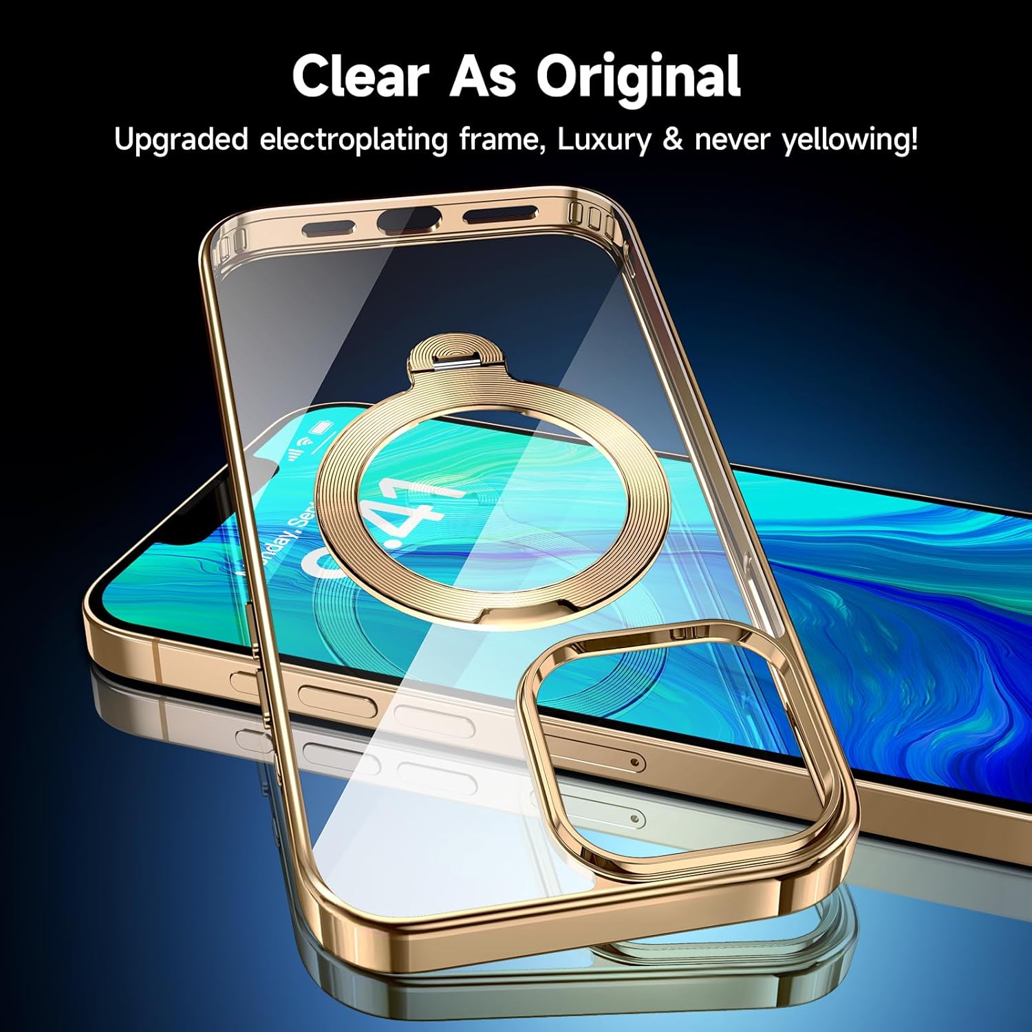 [Tri-Shield Protection] for iPhone 13 Pro Max Case with 360° Spin Stand Compatible with MagSafe [Magnetic CD Ring] [Screen & Camera Lens Protector] Shockproof Plating Never-Yellowing, Gold-6.7"