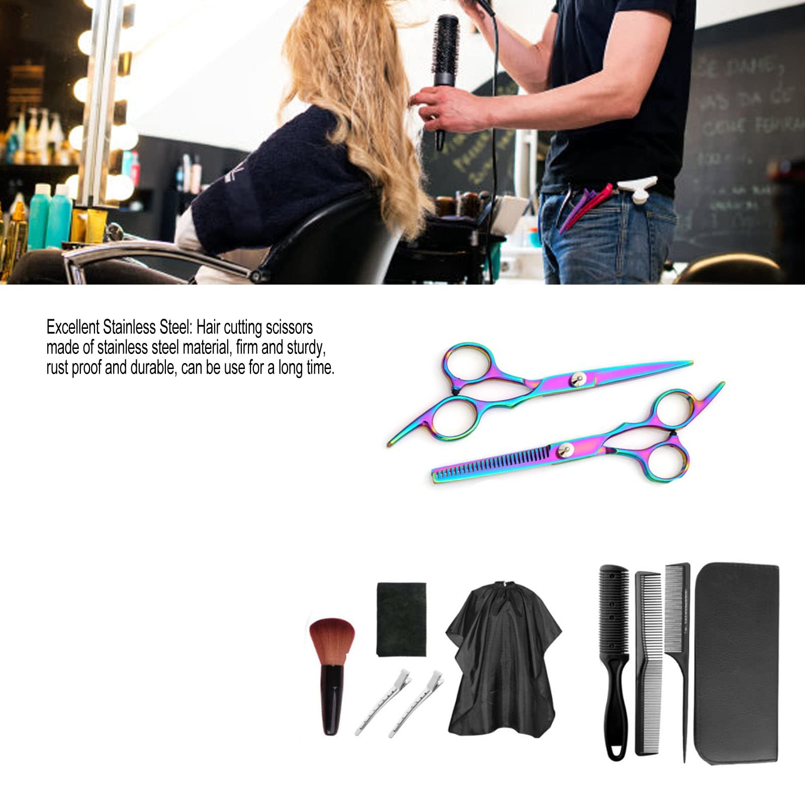 11 PCS Hair Cutting Scissors Kits, Professional Hairdressing Scissors Set, Thinning Scissors, Comb, Cape, Clips, for Barber, Salon, Home