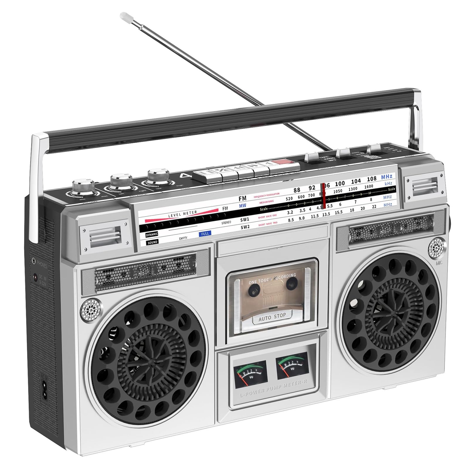 Sistema EstéReo Retro Boombox Vintage con Radio AM/FM, Reproductor CD Y Grabadora Casetes, Entrada USB/SD, Altavoces Integrados, Conector para Auriculares 3,5mm, Estilo AñOs 80 para Hogar,Silver
