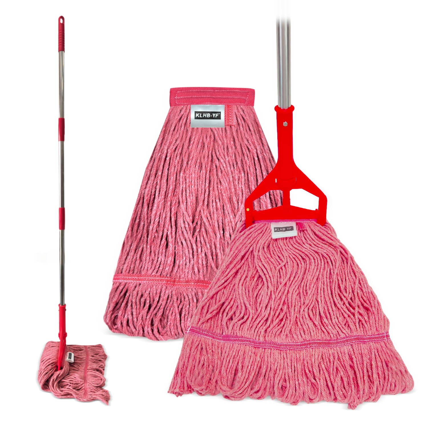 Ensemble de balai commercial, manche en acier avec 2 têtes de serpillère, tête de balai en microfibre, convient à tous les types de sols (rouge)