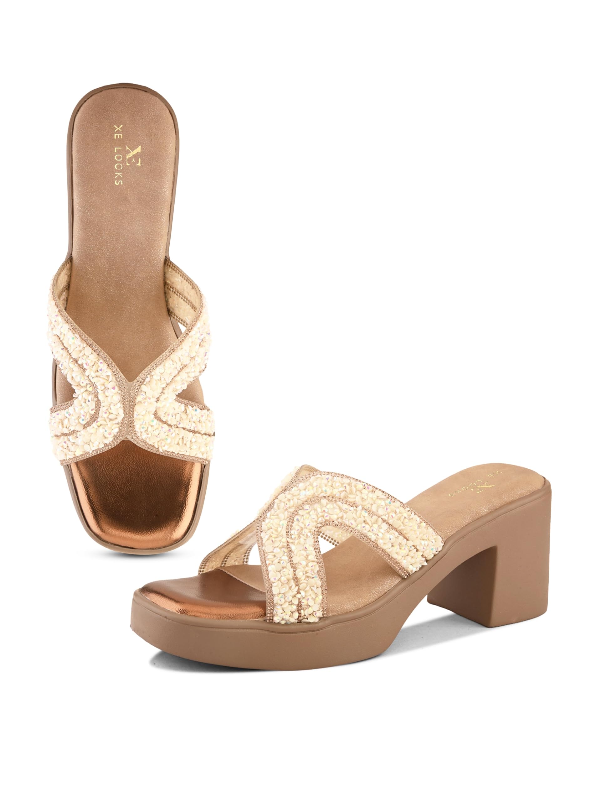 Women's Copper Block Heel Sandals | Embellished Criss-Cross Strap Design |Soft Cushioned Insole | Slip-On Style | Stable Block Heel for Comfort For Girls-image-11