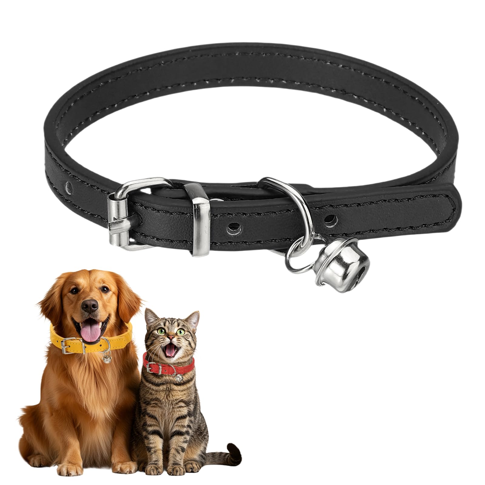 sourcing map Dog Collar with Bell, Pu Leather Cat Collars Pet Basic Soft Padded Adjustable Buckle, 12" (Black, 1 Pcs), Intended for Teacup/Little Dog/Kitten Cats/Small Animals