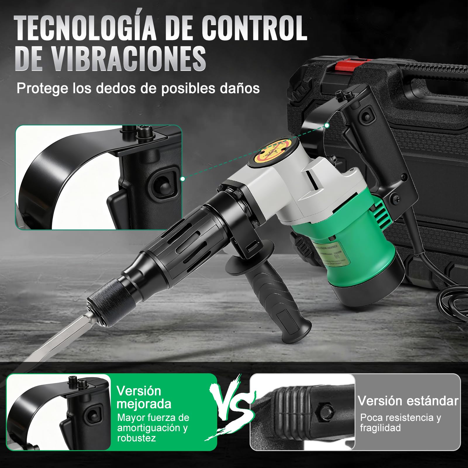 Martillo perforador SDS Plus, juego de martillo demoledor de 1400 W y 30 julios, taladro percutor eléctrico 3 en 1 de 3600 RPM con mango antivibración, incluye cincel puntiagudo y cincel plano.