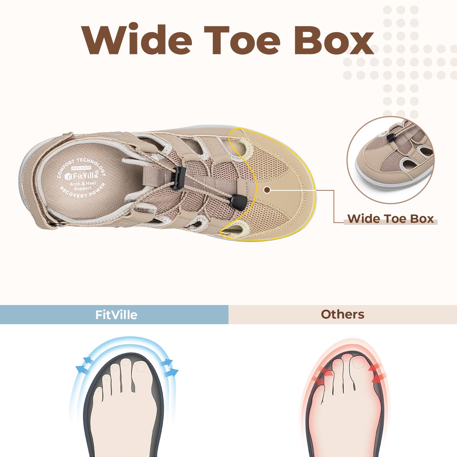 FitVille Sandalias Anchas de Verano para Mujer Transpirables y Cómodas con Sistema de Cordón Elástico y Correa Ajustable para Exterior