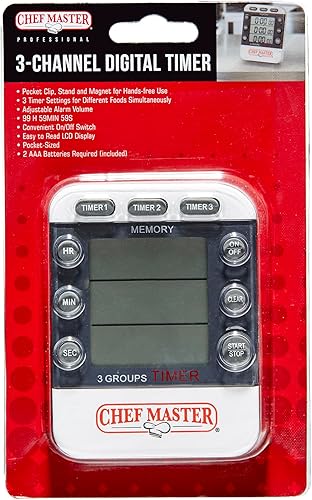 Chef Master Temporizador de cocina  Temporizador digital de 3 canales  Temporizador de triple cuenta de canales arribaabajo para cocinar  Pantalla