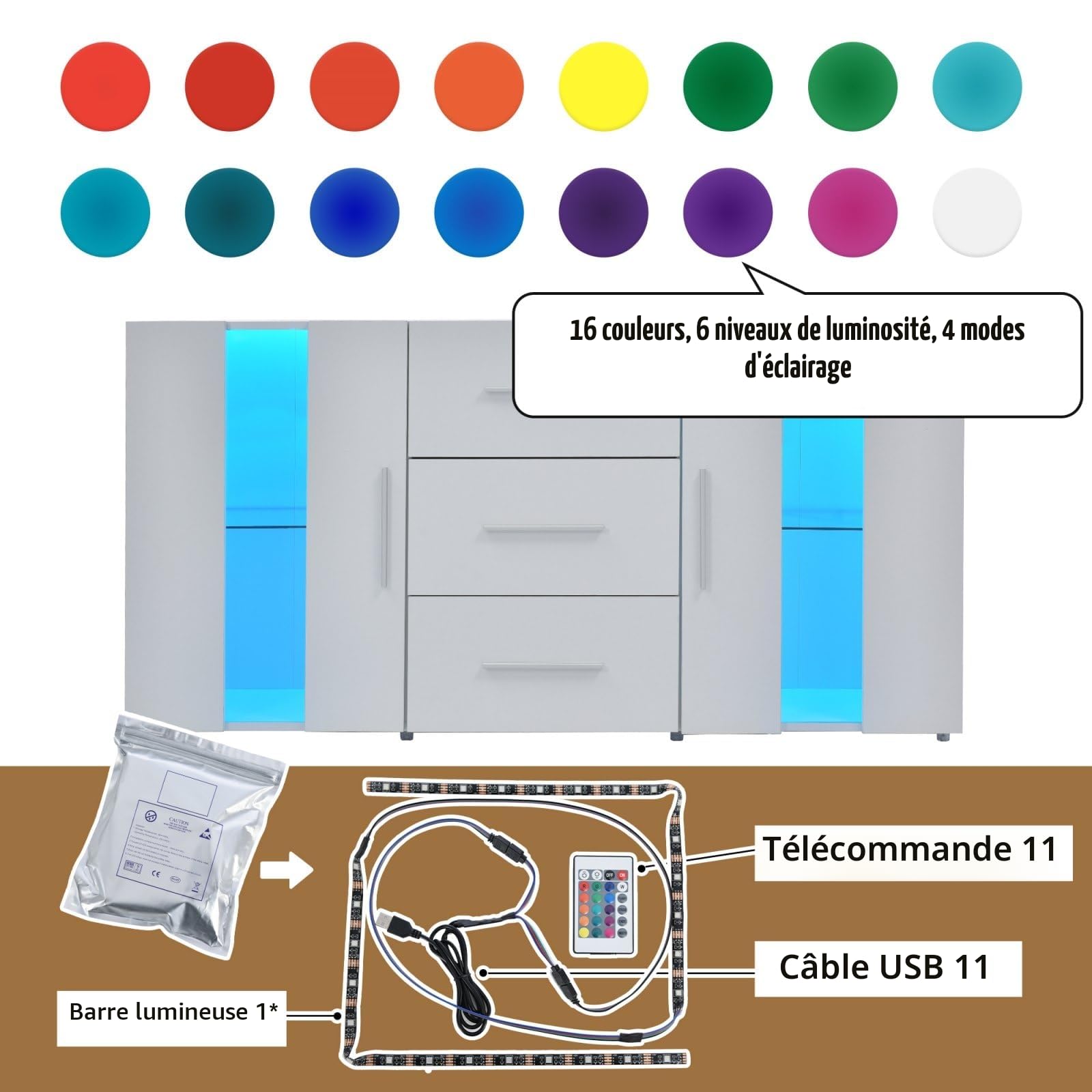 KOMHTOM Buffet Lumineux à LED, Meuble TV Moderne Blanc, Armoire de Rangement avec 3 tiroirs et 2 Portes, Commode pour Salon, Chambre à Coucher, Couloir et Salle à Manger (H)