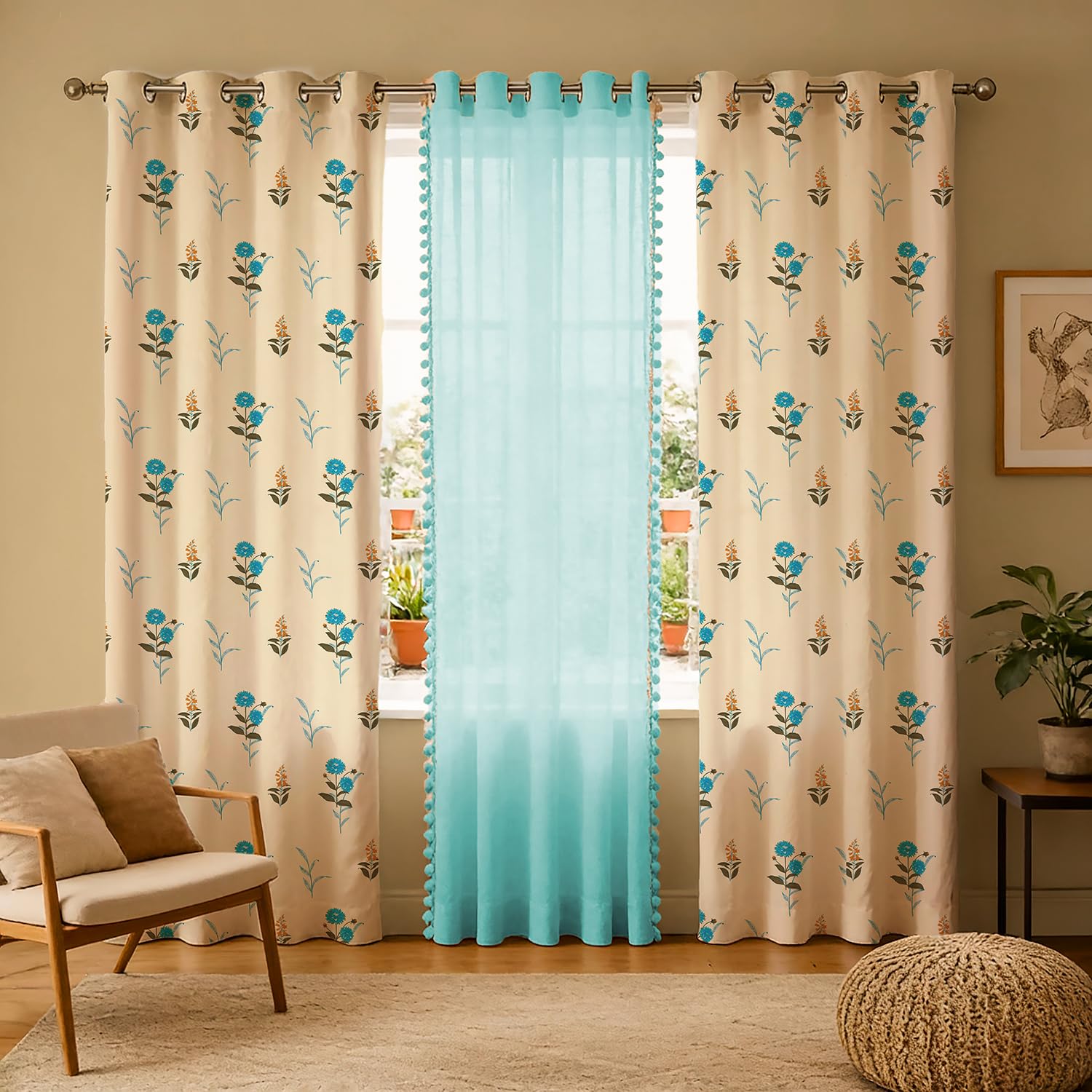 Urban Space Printed 100% Cotton Curtain for Long Door, Cotton & Sheer Combo Set of 3 Curtains 8 Feet Long, Tieback & Eyelets Included with Curtains for Room Darkening (Coneflower Blue & Aqua pom pom)-picture-12