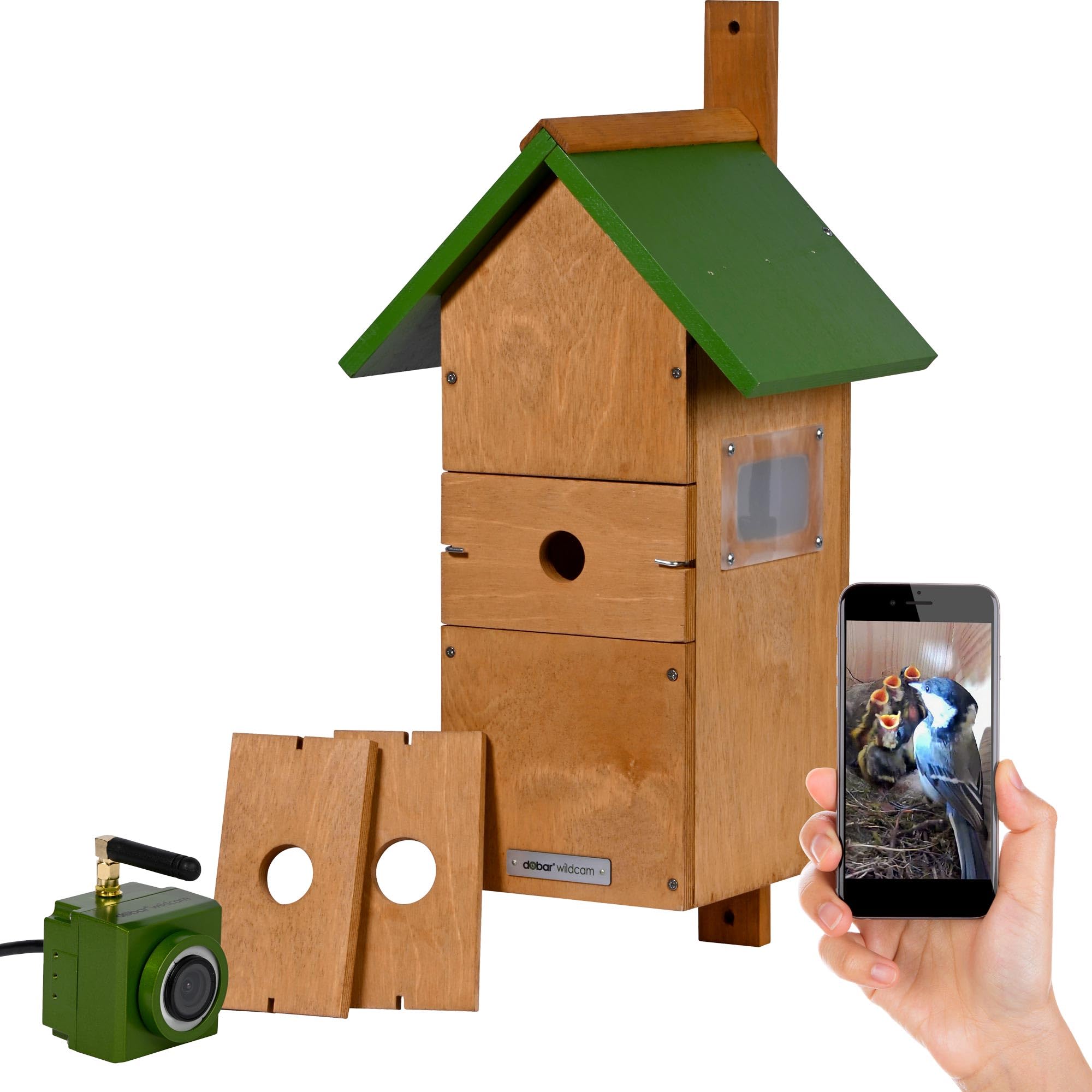 dobar® Großer Nistkasten Spitzdach aus Holz inklusive HD WiFi-Kamera und App mit austauschbaren Einfluglöchern - 25,5 x 22,5 x 53 cm - Grün-Braun