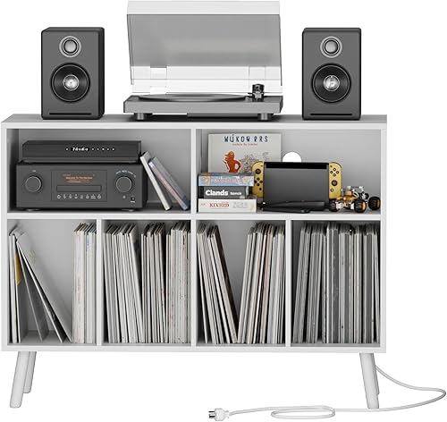 Vista 8 de Cozy Castle - Soporte para tocadiscos con gabinete de almacenamiento de vinilo, mesa de tocadiscos de madera con estante abierto, organizador