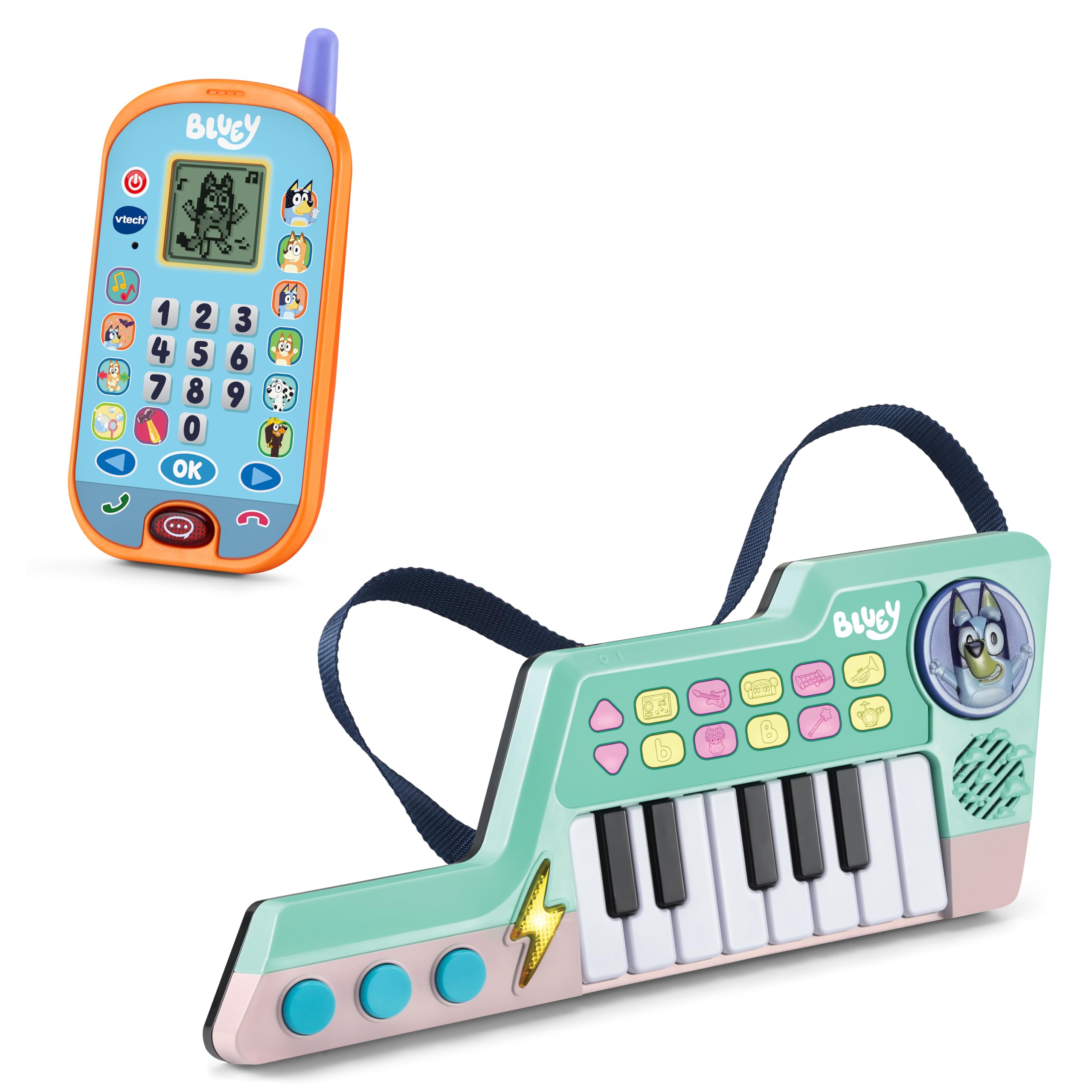 Bluey - Pack de Juguetes Electrónicos: Teléfono Interactivo + Teclado Musical. Juguetes Educativos para Niños a partir de 2 Años.