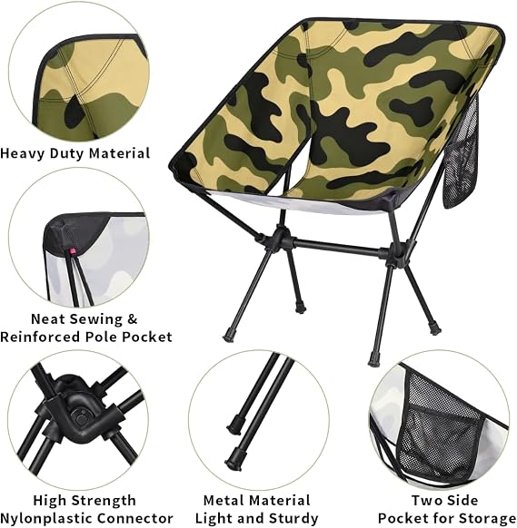 Portable Camping Chair, Folding Chairs for Outside, Green Camouflage Lightweight Backpacking Chair, Outdoor Collapsible Beach Chairs for Adults Fathers Fishing Lawn, Picnic, Travel, Hiking