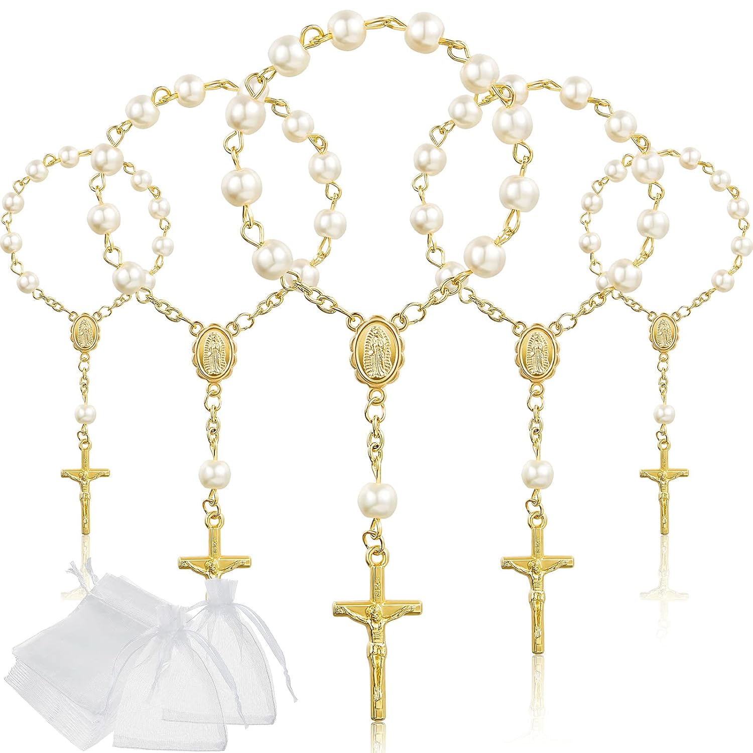 Junkin 30 Pieces Baptism Rosary Acrylic Rosary Beads Ivory Color Mini Finger Baptism Rosaries Gold Plated Faux Pearls with Organza Bags for Christening Weddings Party Favors