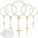 Junkin 30 Pieces Baptism Rosary Acrylic Rosary Beads Ivory Color Mini Finger Baptism Rosaries Gold Plated Faux Pearls with Organza Bags for Christening Weddings Party Favors