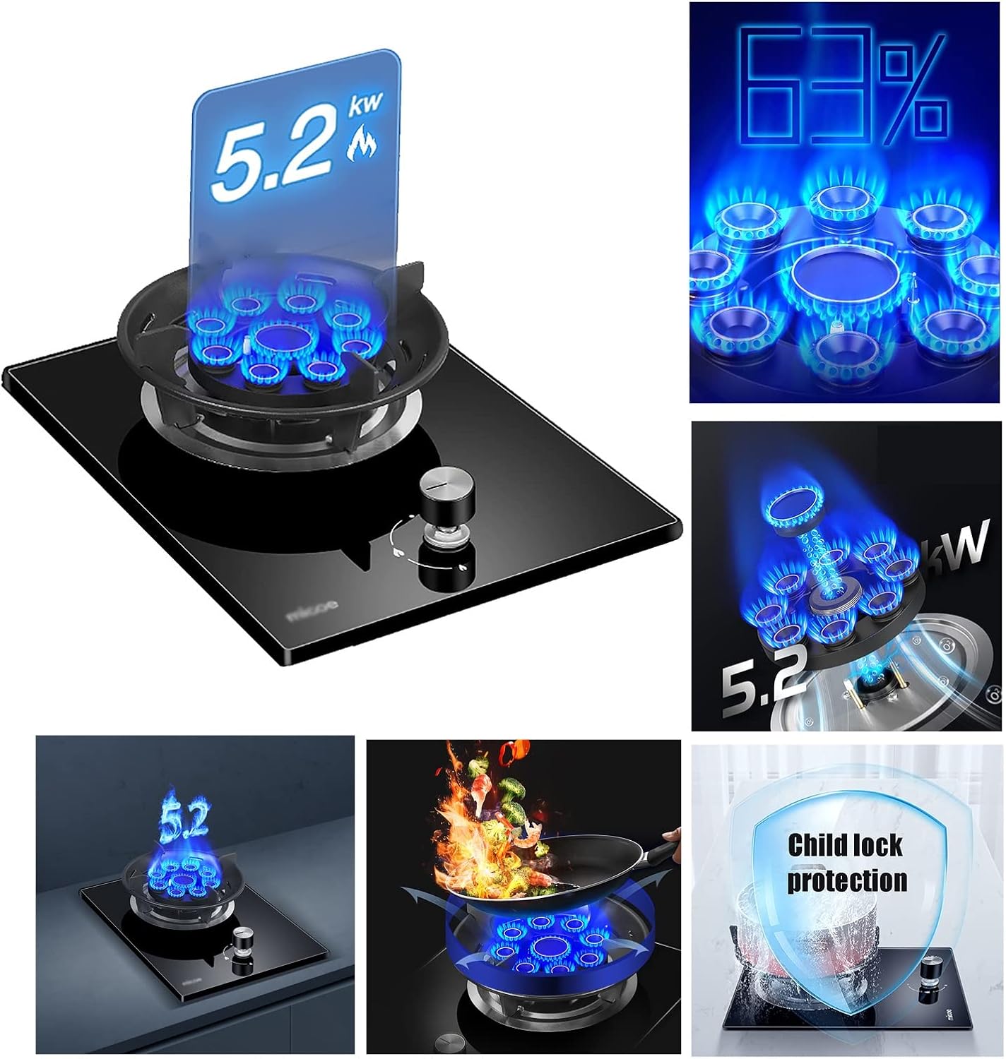 Burner Gas Cooker gas hob 2021 Upgrade Household Kitchen Gas Stove， Desktop/Built-in Cooking Cooktop Hob， With FFD And Enamel Pan Stands,Cast Iron Pan Support(B | 4.8kw,LPG)