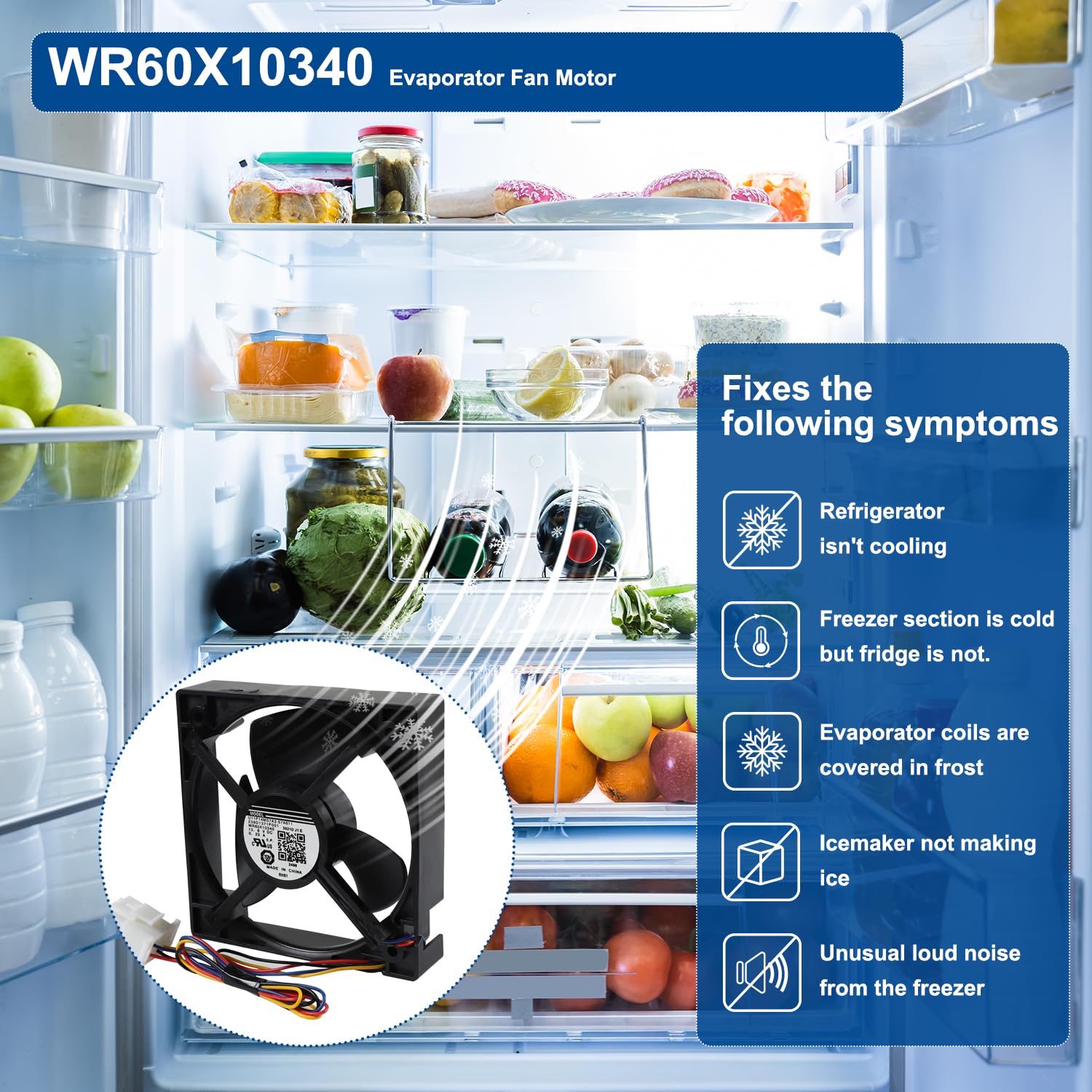 WR60X10340 WR60X25858 Evaporator Fan Motor for GE Refrigerator Freezer Replaces WR60X10352 WR60X35669 WR60X35206 U11P14MS7A3-57A611 239D1371P001 AP6891698 PS12727431 EAP12727431 Size: 4.4 x 4.4 Inch