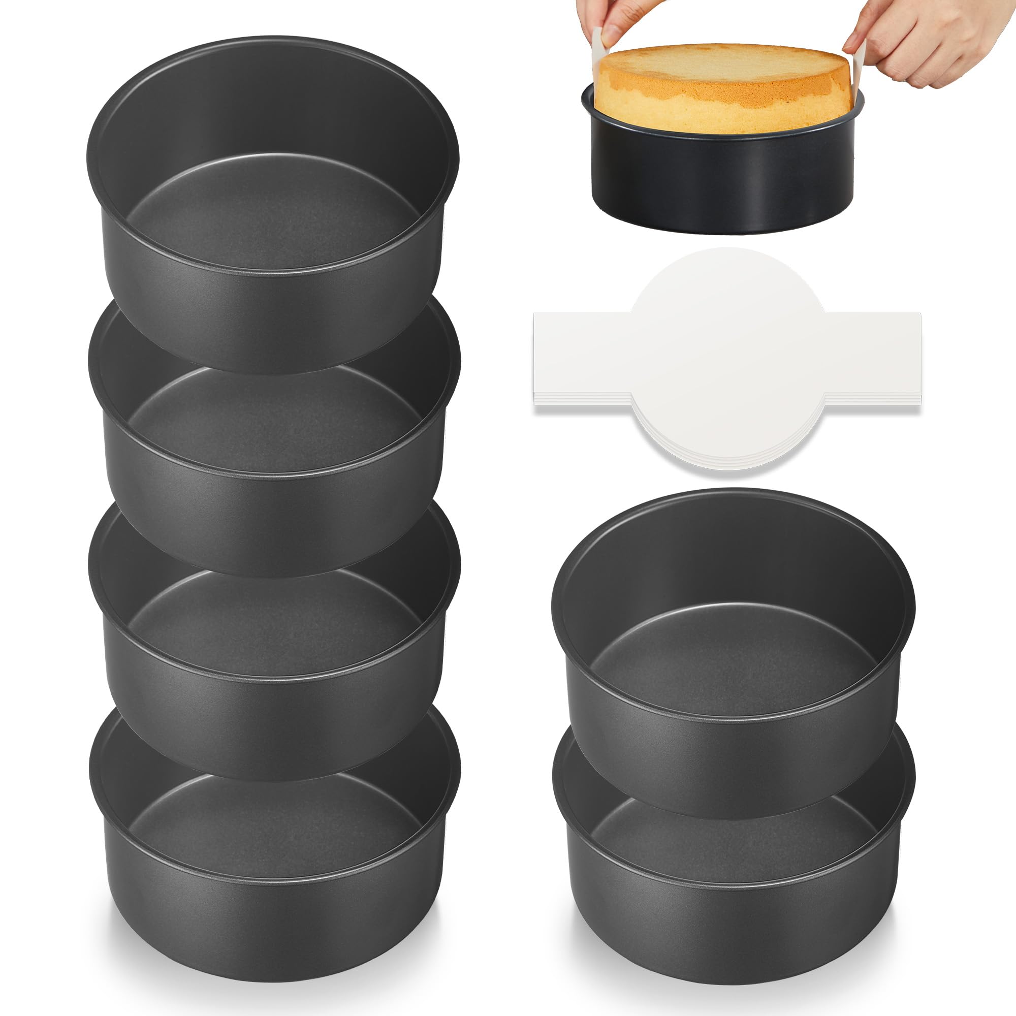 HONGBAKE 6 Inch Cake Pans for Baking, Round Small Layer Cake Pan Set with 120 Pieces Parchment Paper, Nonstick Circle Cheesecake Tin, 4 Pieces, Heavy Duty - Grey