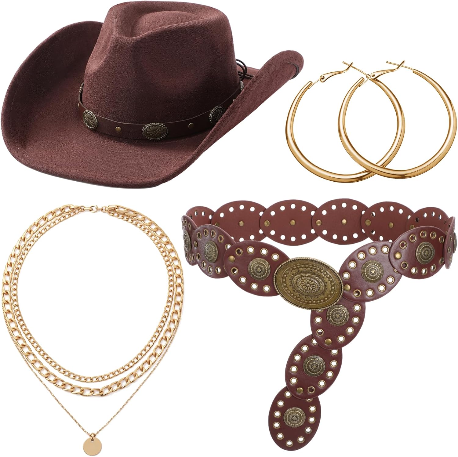 4 Pcs Western Cowgirl Accessories for Women Vintage Hat and Belt Jewelry Set Horse Race Party Cowgirl Cowboy