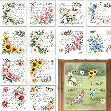 12 Sheets Flower Corner Rub on Transfers for Crafts and Furniture, 5.5"x 5.5" Vintage Watercolor Window Transfer Stickers for DIY Crafts Decor, Decoupage Paper for Furniture Home Decals