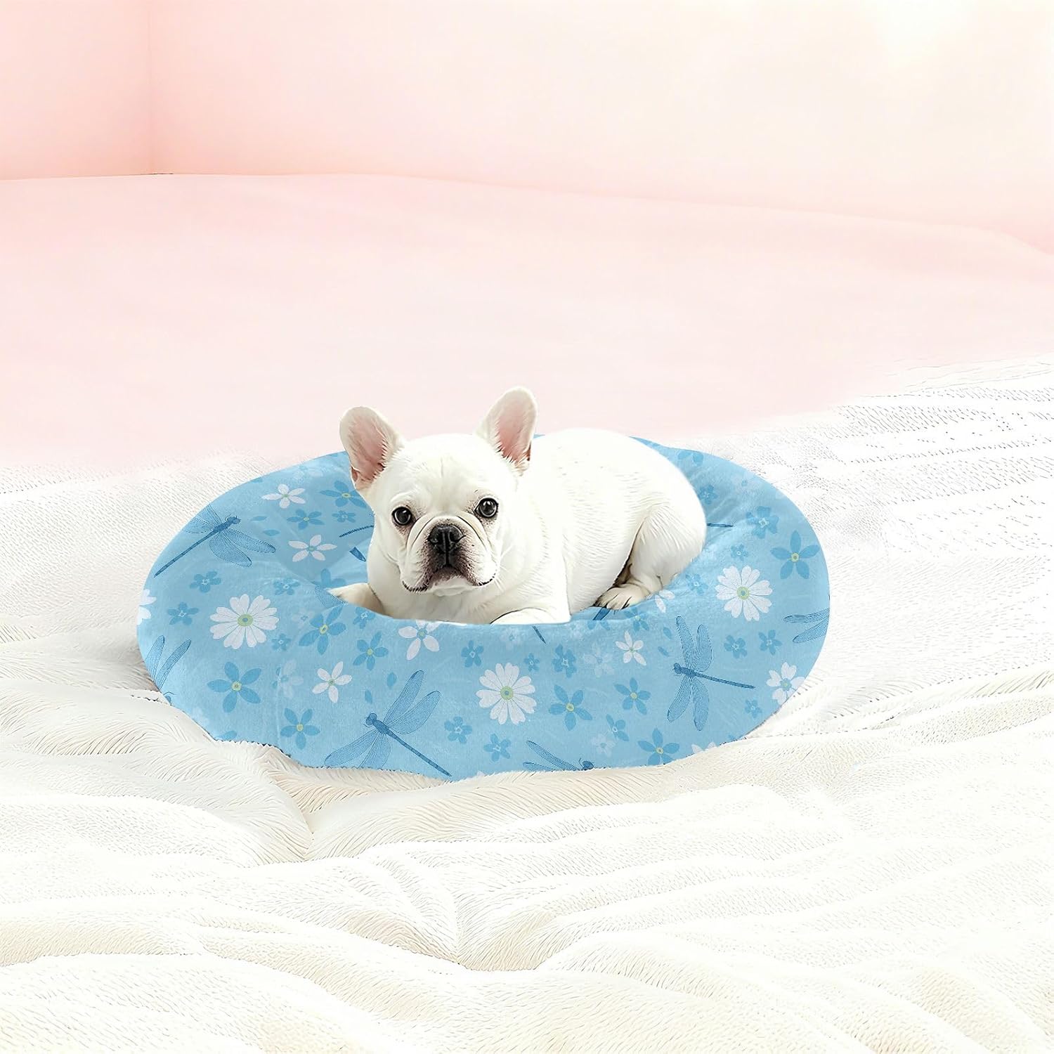Pet Dog Beds Calming Anti Anxiety Fluffy Cat Pillow Bed for Small Size Pets Sleeping M Dragonfly Flower
