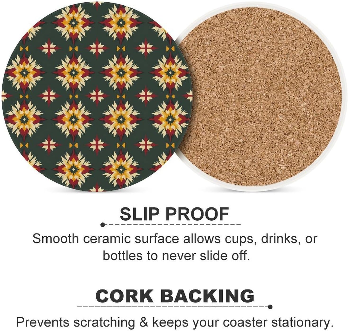 Southwestern Navajo Pattern Round Ceramic Coasters Print Drinks Absorbent with Cork Base for Home Decor Gifts 4 Inch