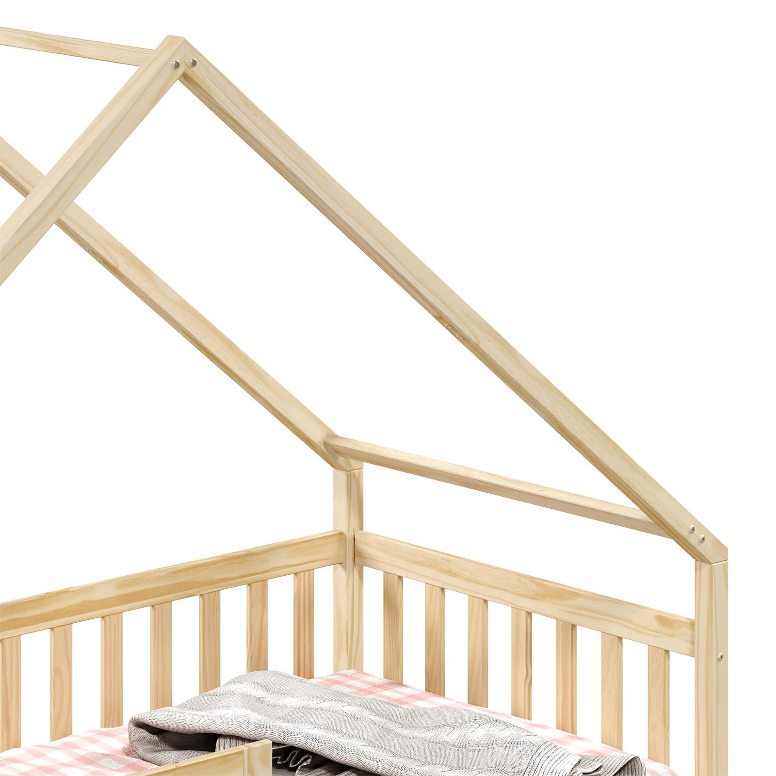 IDIMEX Hausbett ALVA aus Kiefer Massivholz, Natur - Kinderbett mit Dach, Tipibett mit Schubladen, Kinderzimmer Bett, Bodennahes Bett Montessori, ideal für Dachschrägen