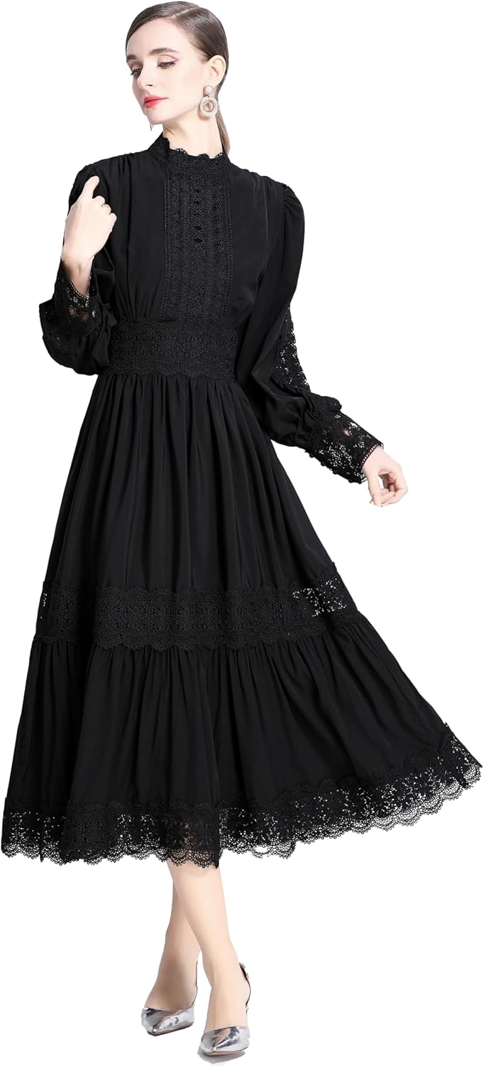LAI MENG FIVE CATS Women's Vintage Mock Neck Lantern Sleeve High Waist Lace Trim Hollow Out Tiered Maxi Dress