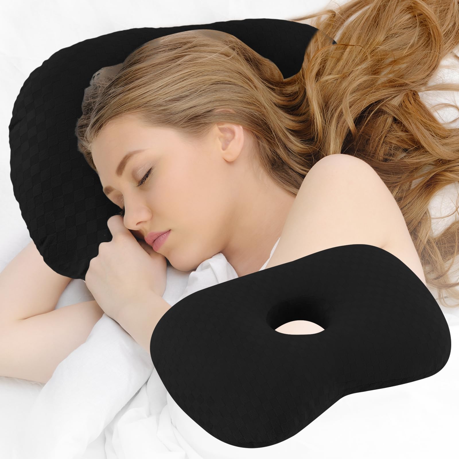 Wuronsa Ear Piercing Pillow with an Ear Hole, Cotton and Polyester Side Sleeping Pillow for CNH and Ear Pain Ear Inflammation Pressure Sores for Side Sleepers, Ear Guard Pillow (Black)