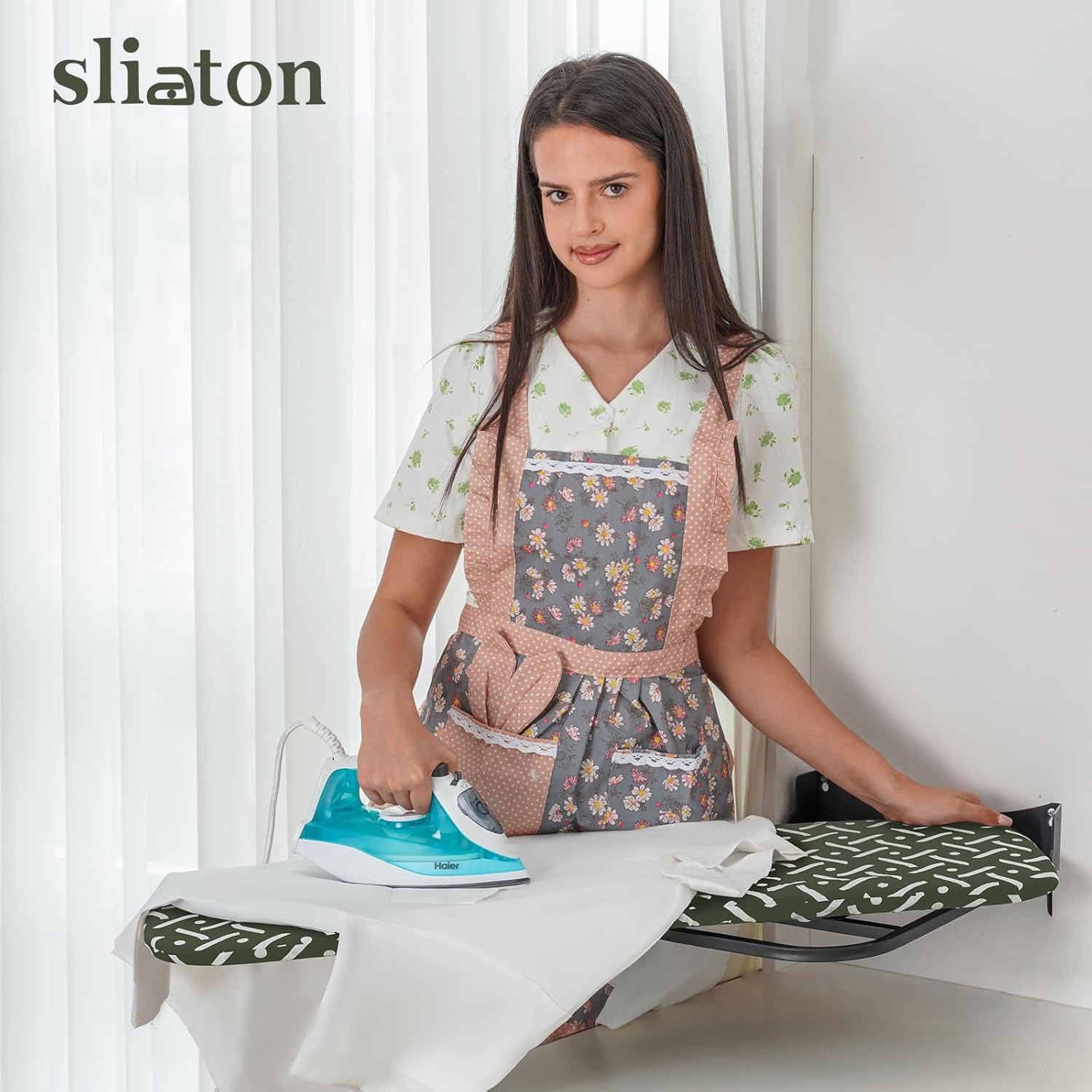 Wall-Mounted Steel Farme Folding Ironing Board, 36.5 x 12 inches, 180° Rotating, Space-Saving Design (Geometric Green, Without Cabinet)