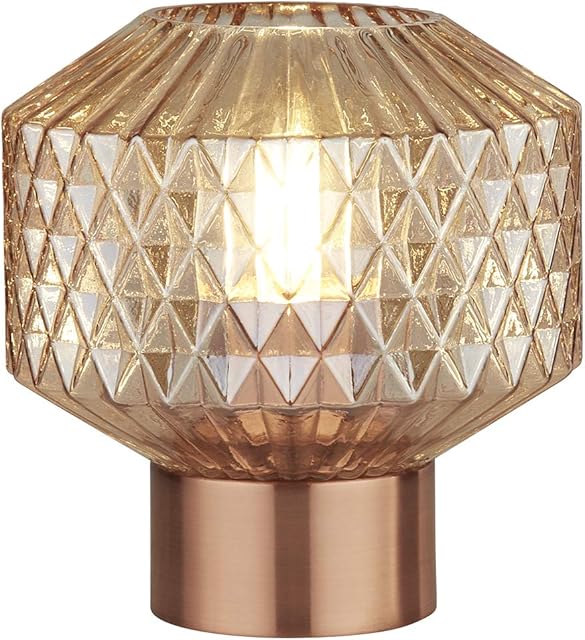 Lighting Collection 1 Light Table Lamp with Amber Barrel Shaped Textured Pressed Glass, Copper Base