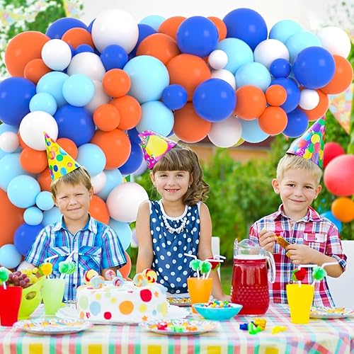Miniatura 2 de Kit de arco de guirnalda de globos azules, naranja y blanco, 122 globos blancos de color azul rey y naranja para cumpleaños, baby shower,