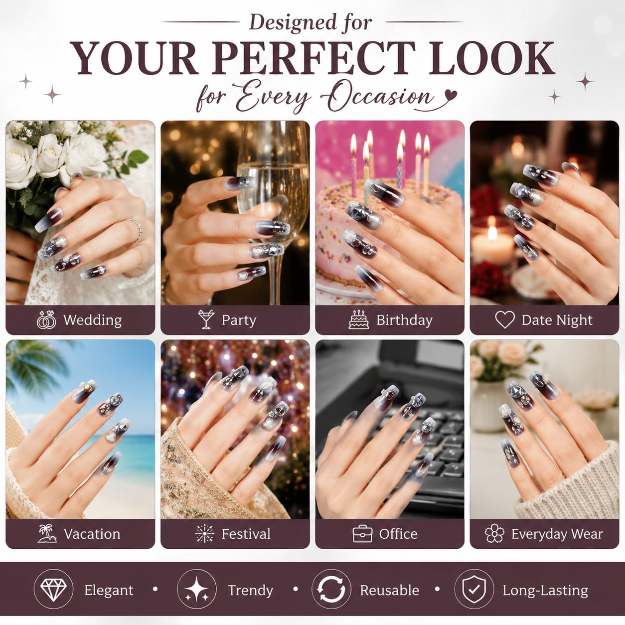 Press On Nails for Women 24 PCS, Grey Ombre Reusable Artificial Nails, Coffin Fake Nails with Crystal Rhinestones, Pearl & 3D Flower Design, Glossy Full Cover Nail Extensions, Premium ABS 4