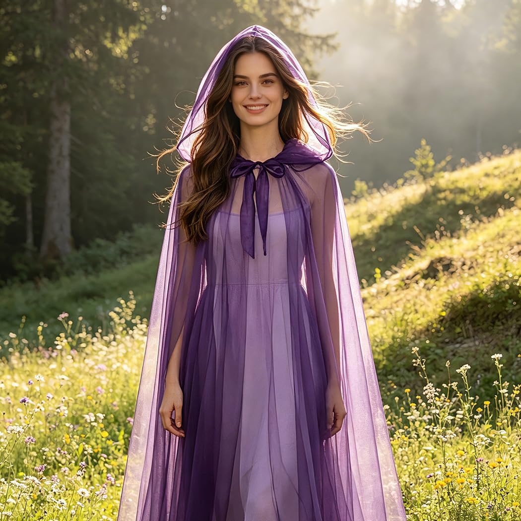 Hooded Cloak Sheer Tulle Witch Cape Gothic Halloween Cosplay Costume