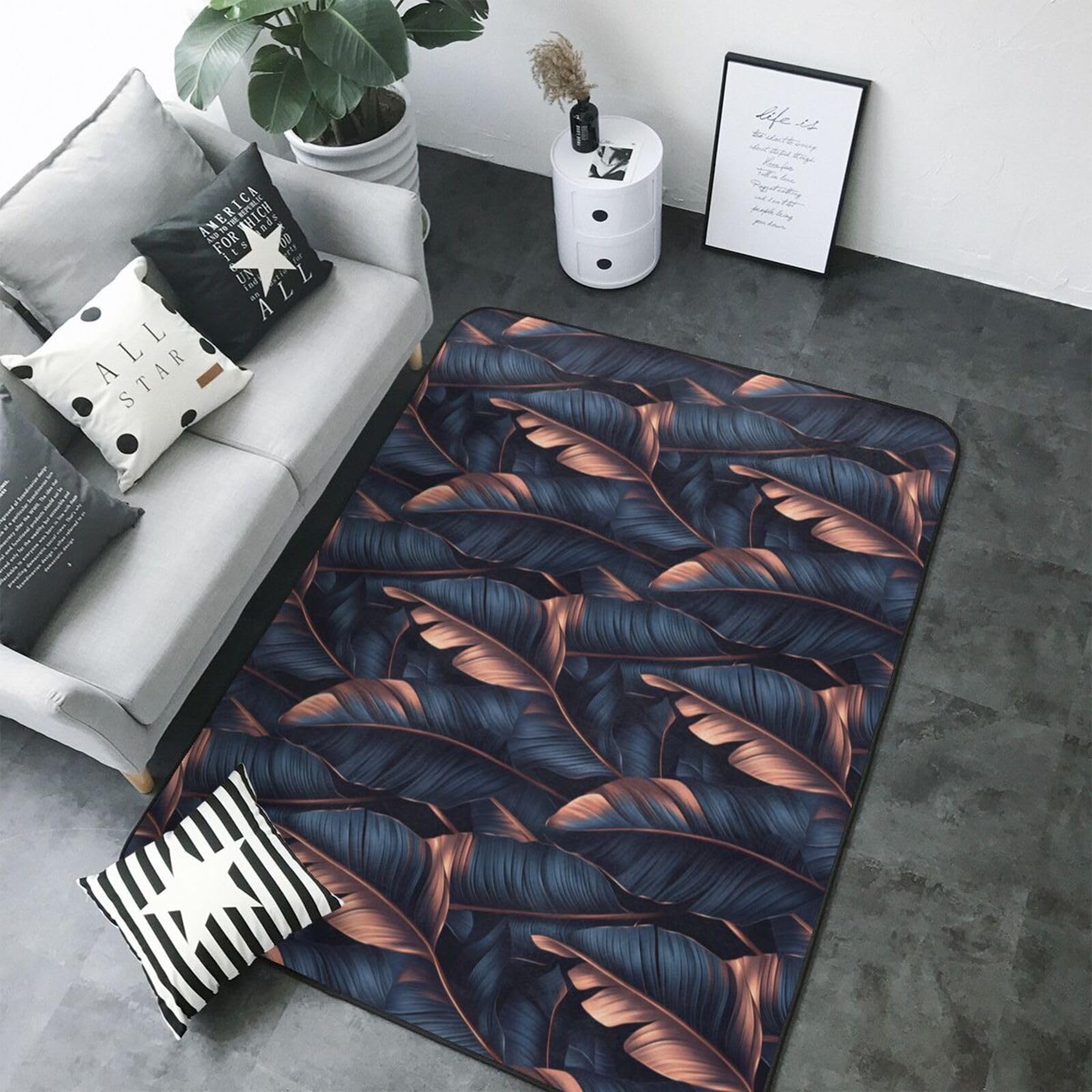 Tapis doux lavable motif tropical bronze grand format pour salon et chambre
