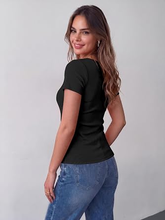 Zeagoo Womens Tops Short Sleeve Scoop Neck Shirts Ribbed Knit Fitted Basic Tees Casual Summer Work Clothes