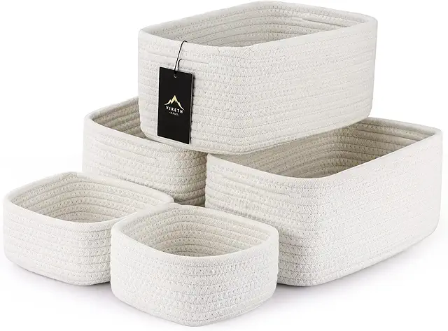 White woven storage baskets bedroom shelves
