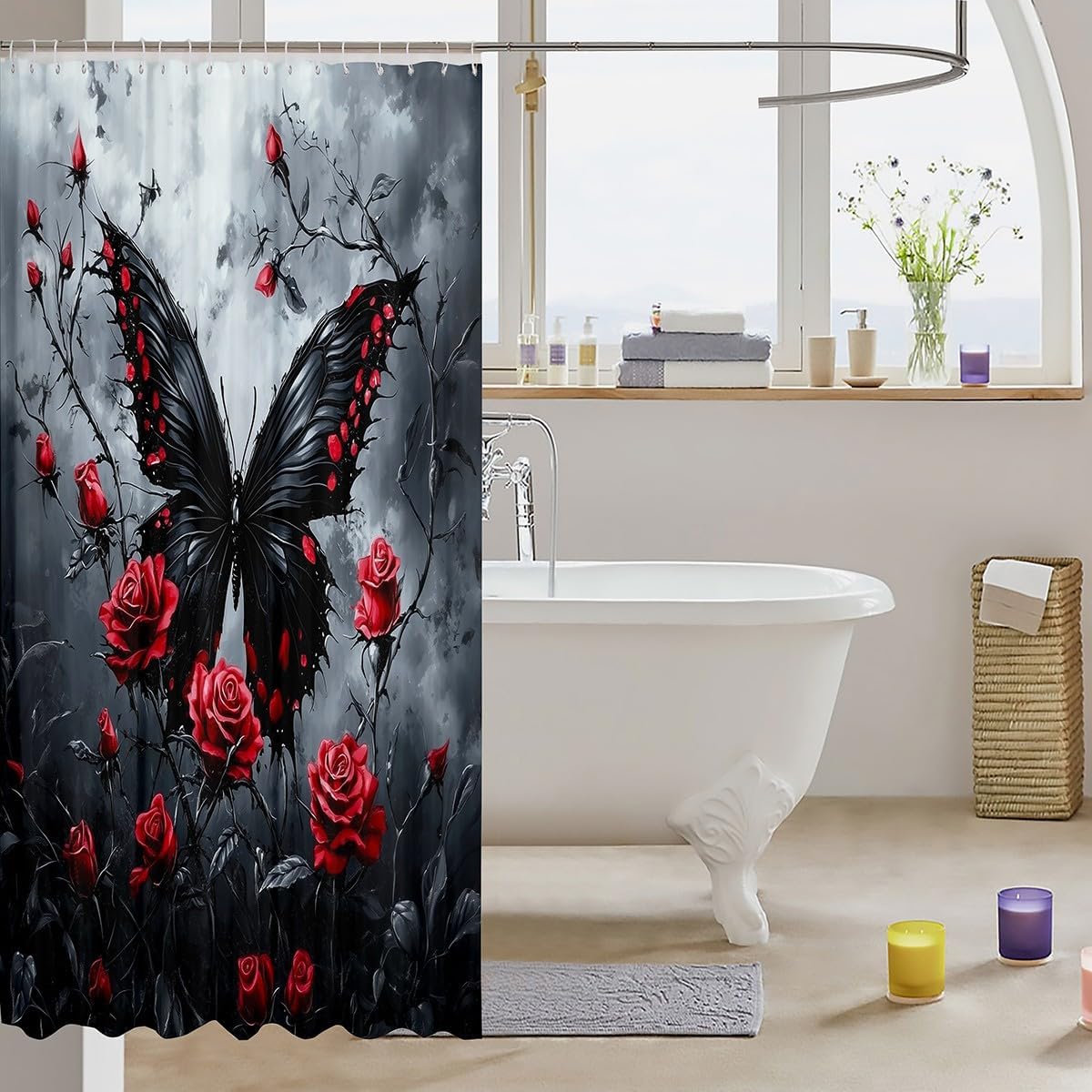 Erosebridal Halloween Theme Shower Curtain 72" Wx84 L Black Gothic Butterfly Bathroom Curtain Red Retro Rose Flowers Bathroom Accessories for Adults,Horror Halloween Theme Shower Decor