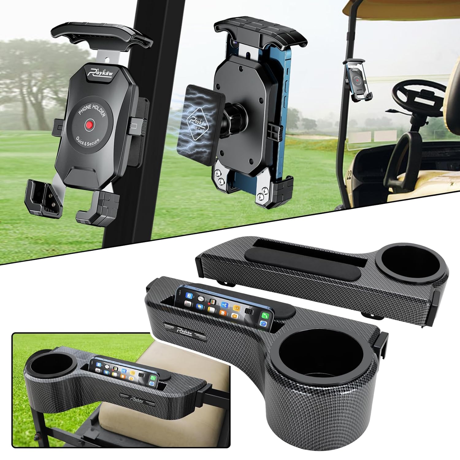 Roykaw Golf Cart Magnetic Phone Holder Mount and Armrest with Cup Holder
