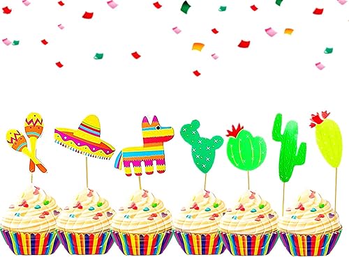 JeVenis 42 adornos para cupcakes para fiesta, decoración de fiesta de cactus, decoración de tartas de llama, decoración de cupcakes para taco Bout A