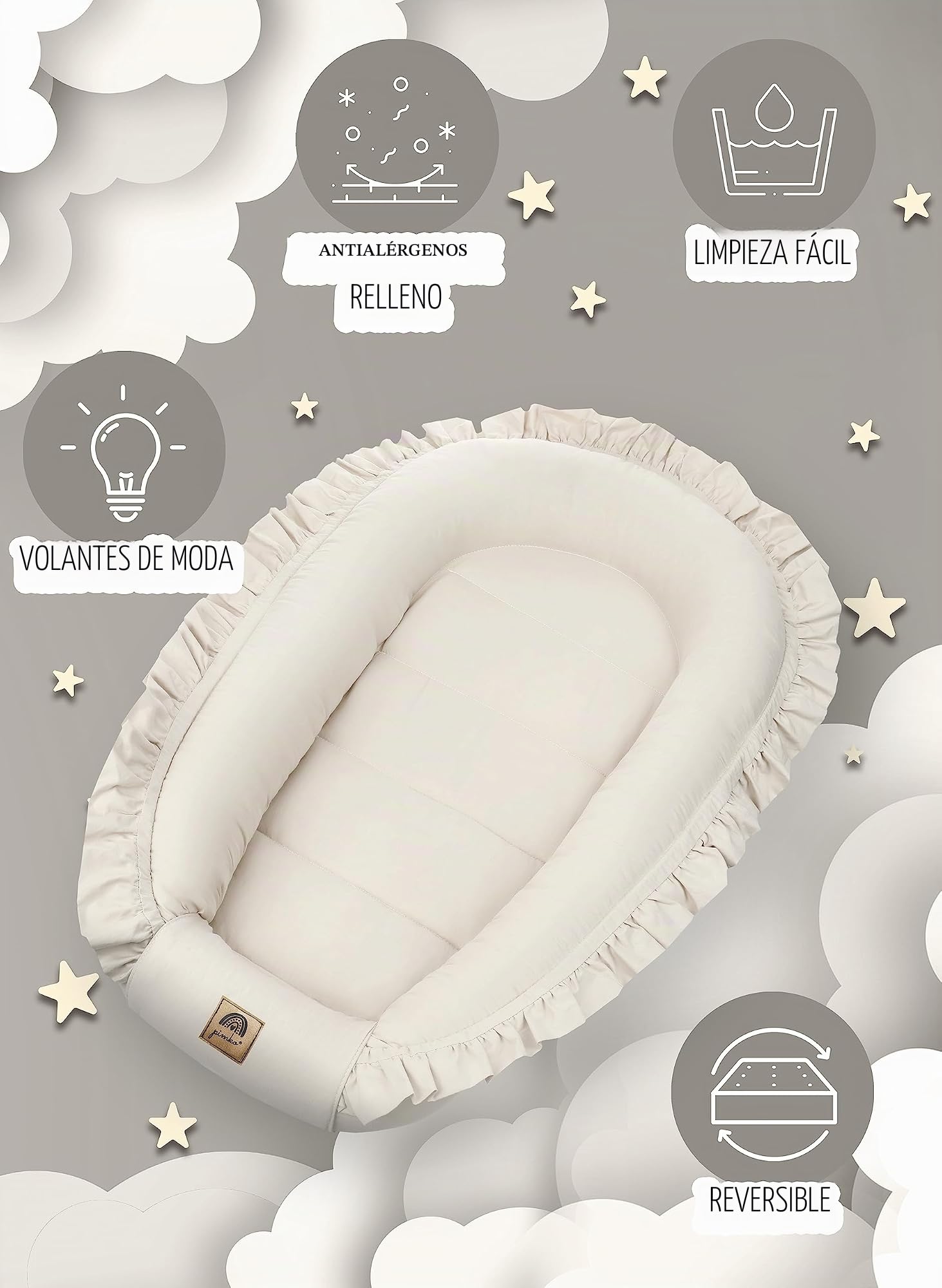 PIMKO Nido de bebé con volantes para bebé, capullo para bebés y recién nacidos, 100% algodón, adecuado para el hogar, 55 x 90 cm (beige con solapa)