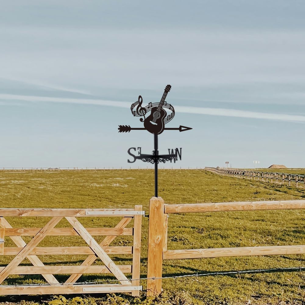 SUPERDANT Guitar Weathervane Cast Iron Metal Wind Vane Matte Black Musical Note Roof Top Decorative Weather Vane Outdoor Garden Yard Barn Wind Direction Spinner