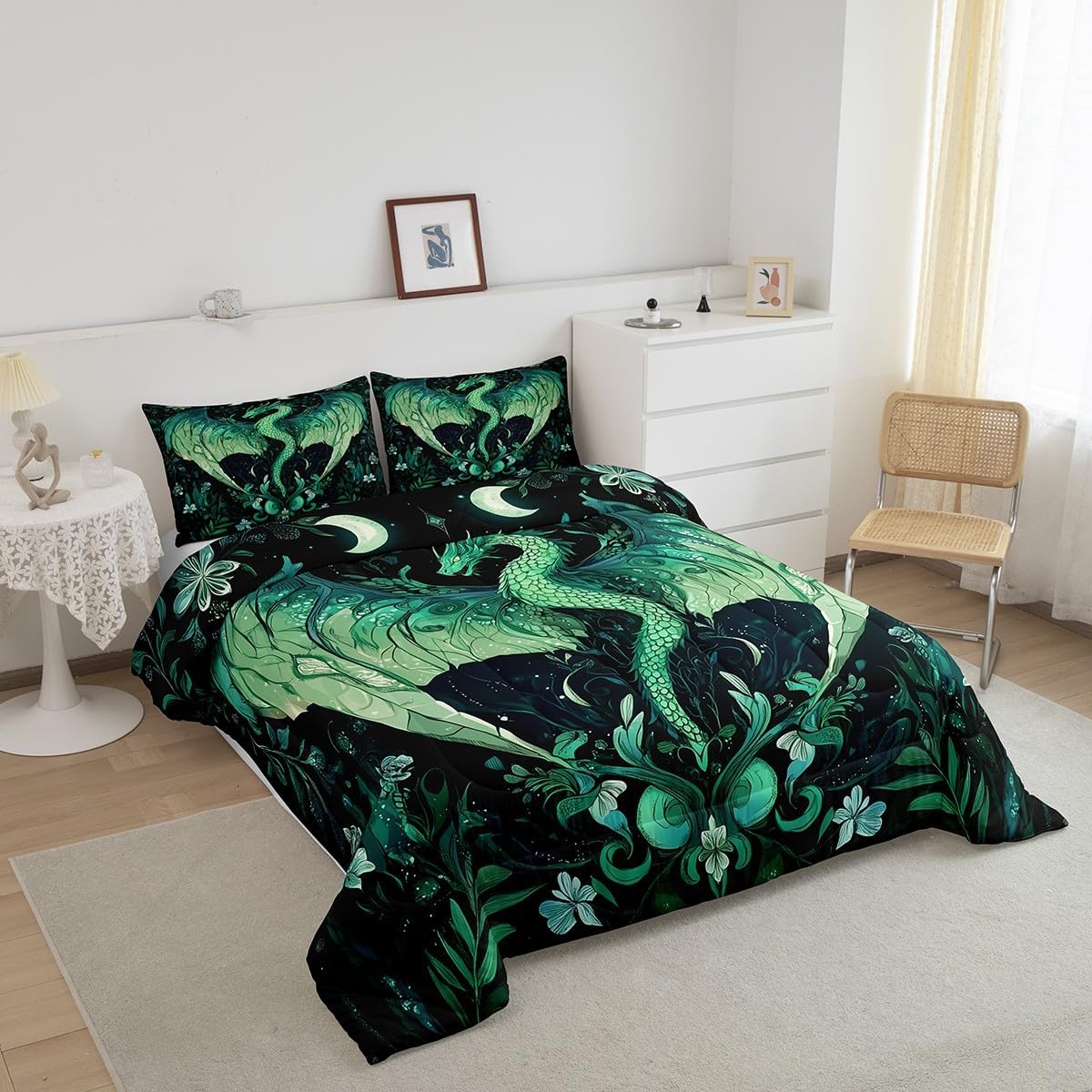 Erosebridal Green Dragon Down Comforter Galaxy Starry Sky Bedding Set for Kids Boys Girls,Wildlife Dragon Comforter Set with 2 Pillow Cases Full Size Boho Flower Plant Dragon Bed Set image 3
