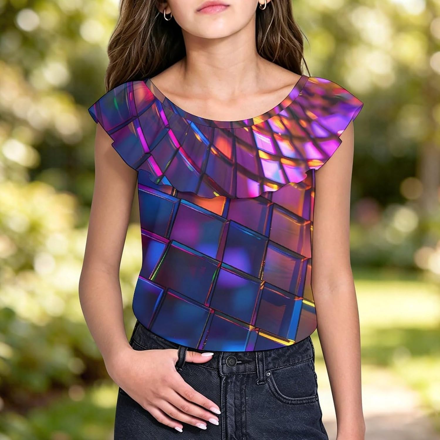 Iridescent Disco Ball Girls T-Shirts Top Ruffle Short Sleeve Blouse Casual Graphic Tees