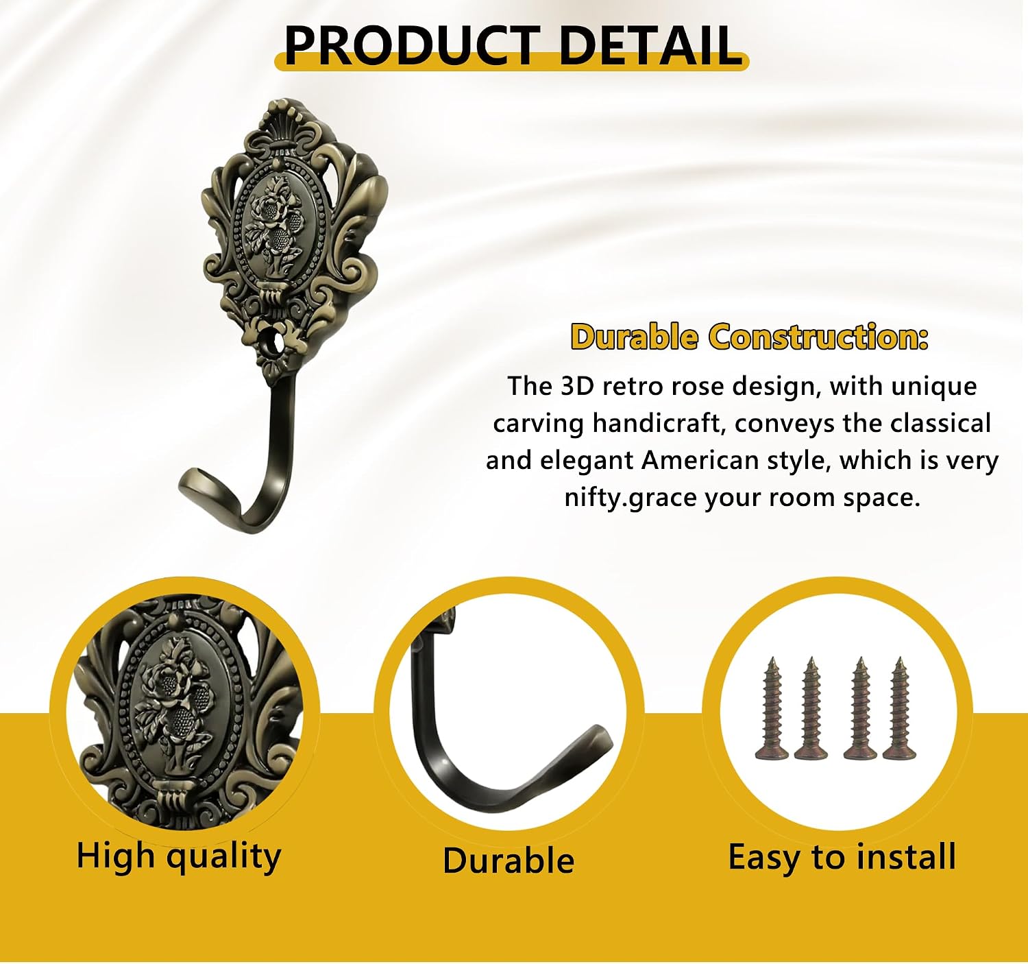 4 Pack Vintage Drapery Curtain Holdbacks 3D Flower Ornate Style Tieback Hooks Zinc Alloy Wall Mounted Decorative Hooks with Screws Multi-Function Holder for Bathroom Bedroom Curtains, Coats & Robes