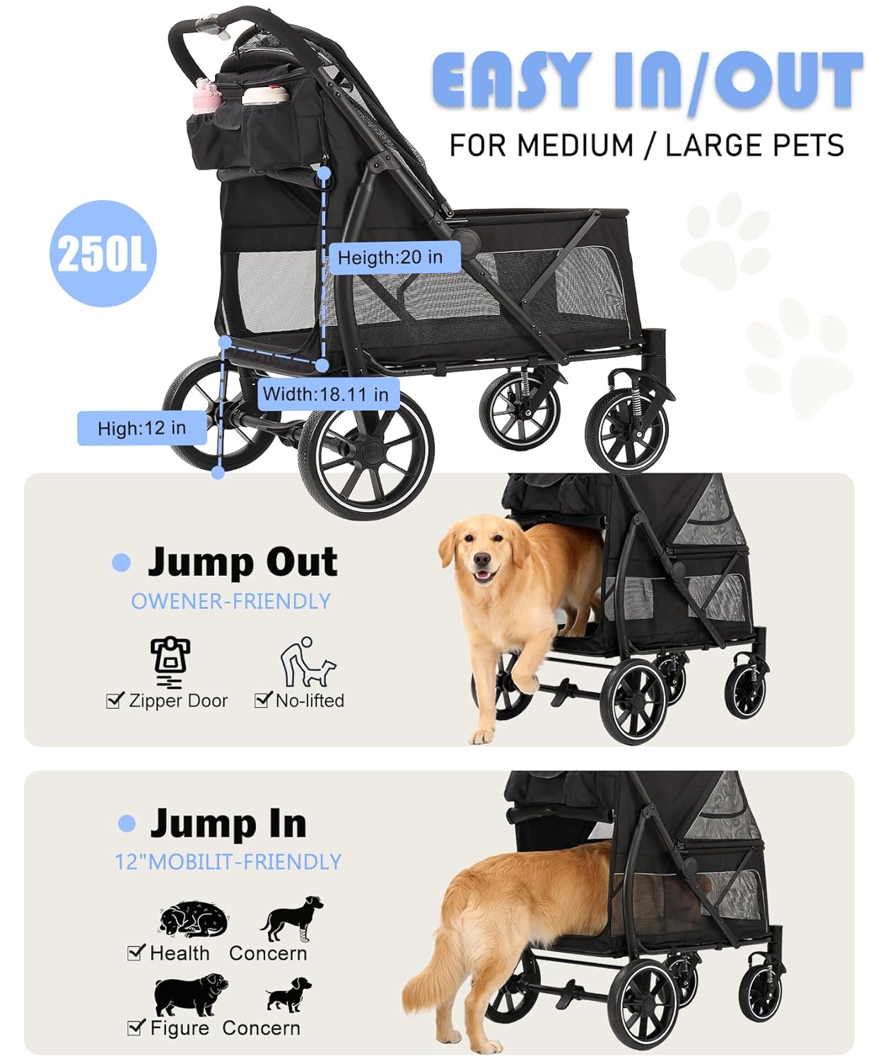 Large Dogs Stroller for Multiple Pets up to 90lbs, Ultra-Breathable Pet Stroller for Medium 2 Dogs，All-Terrain with& Mesh Dual-Window，1680D Waterproof Oxford Fiber (Black)