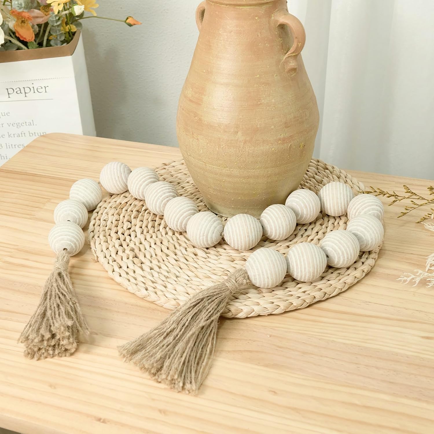 50" Long Ribbed Extra Large Wood Bead Garland with 2" Diameter Wooden Beads, Rustic Farmhouse Wooden Beads Garland with Tassels, Boho Decorative Beads for Home Table Mantle Rustic White