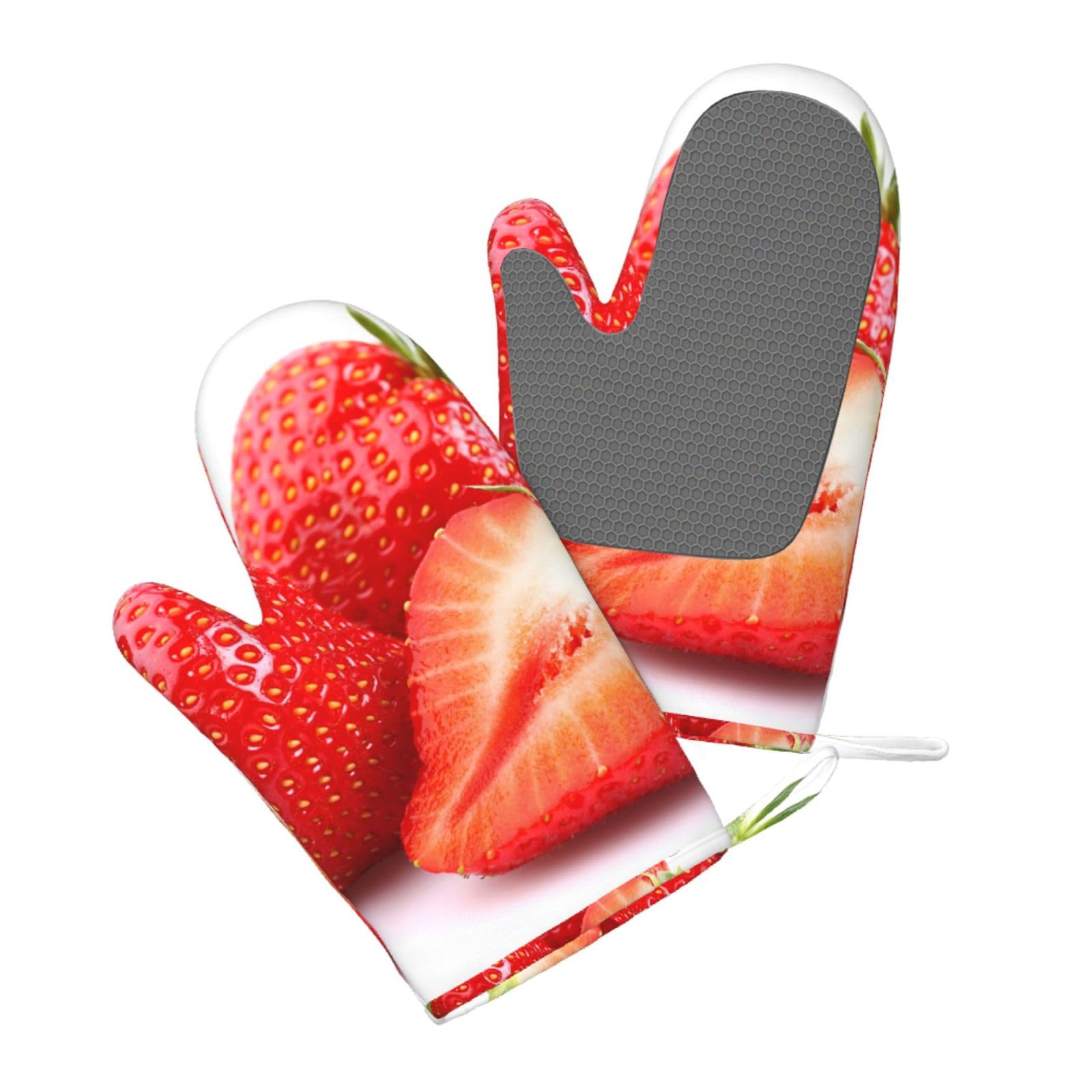 Aqrjlpo Women's Fresh Strawberry Silicone Oven Mitts Set 2Pcs, Printed Heat Resistant Non-Slip Silicone Oven Gloves For Kitchen Cooking Baking Microwave