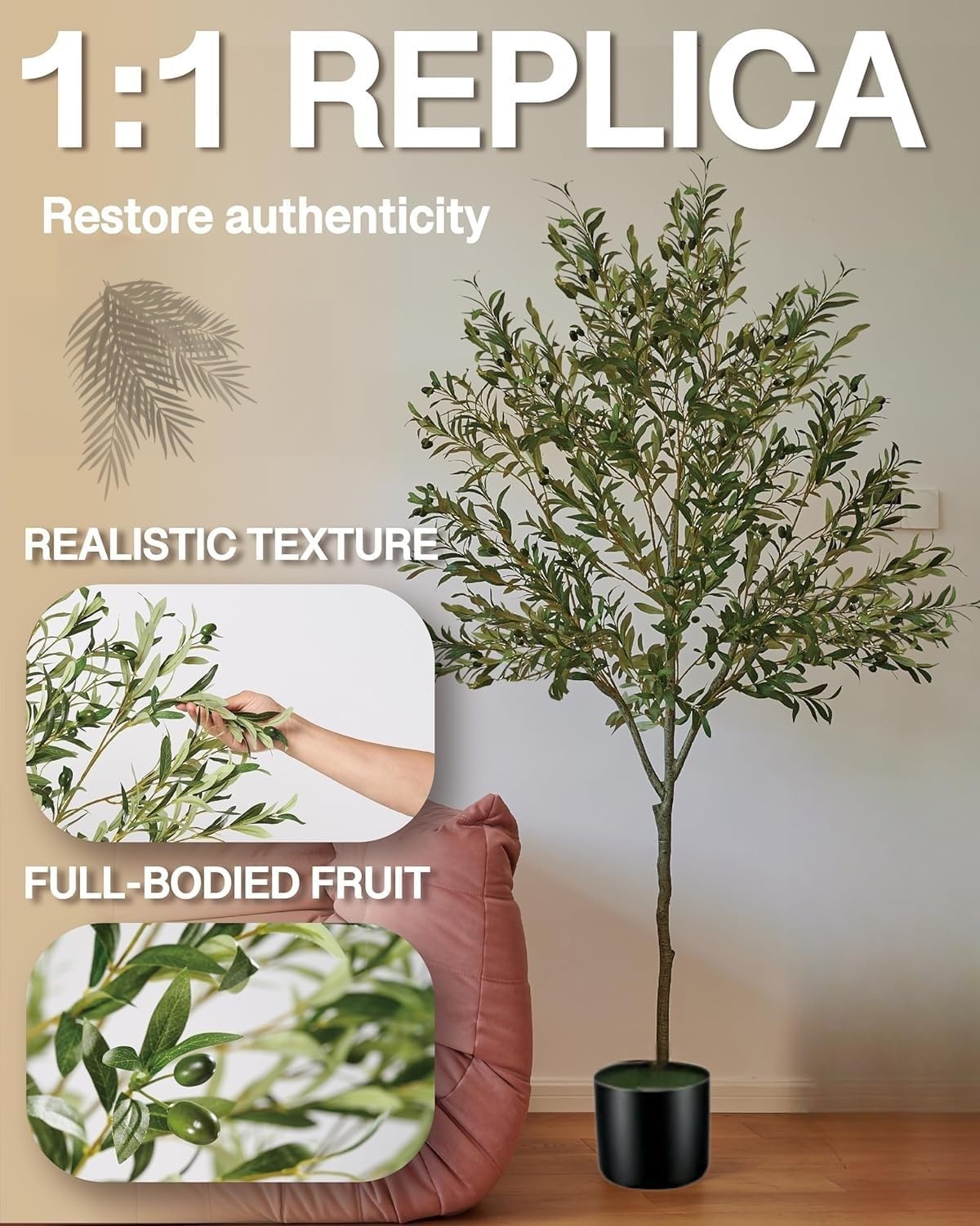 Faux Olive Tree 6ft, Artificial Olive Tree Indoor with Realistic Leaves Fruits, Fake Olive Trees Potted Topiary Tree with Dried Moss for Home Office Living Room Bedroom Stairs Foyer Decor