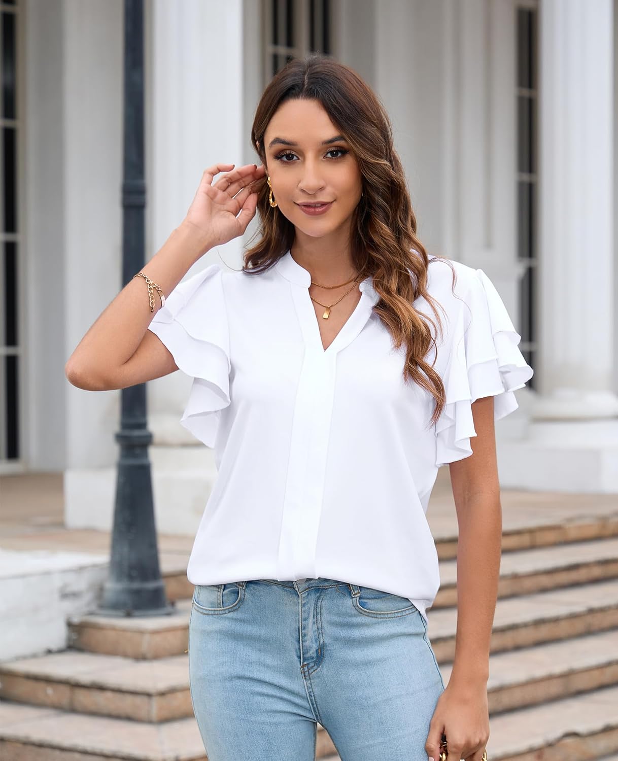 Women's Dressy Casual Tops 2025 Summer Ruffle Short Sleeve V Neck Shirts Business Work Pleated Blouse - Image 3